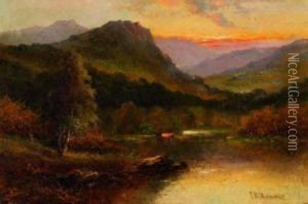 Cattle Watering In A Mountain Valley, Sunset Oil Painting - Frank E. Jamieson