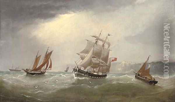 A merchantman amongst fishing smacks in the Channel Oil Painting - William Daniel Penny