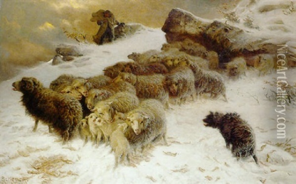 Le Troupeau De Moutons Surpris Par La Tempete De Neige Oil Painting - August Friedrich Albrecht Schenck
