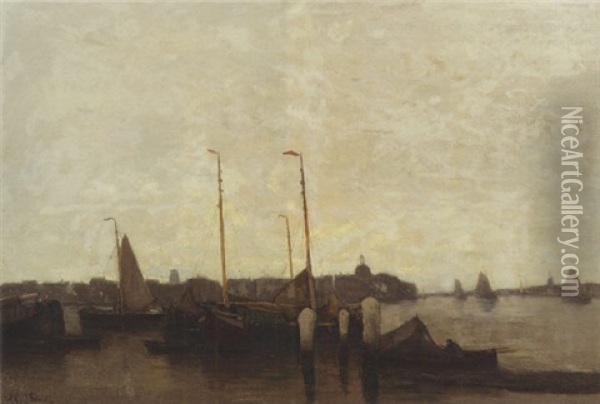 Sailing Vessels On The Water With Dordrecht Beyond Oil Painting - Willem Joannes Schuetz