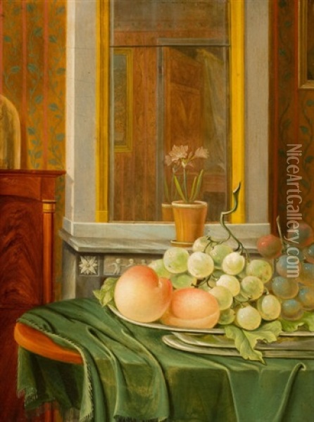 Still Life With Grapes And Apricots In An Interior Oil Painting - David van Welle