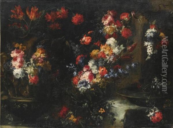 An Ornate Still Life With Flowers In Vases On A Stone Ledge Oil Painting - Margherita Caffi