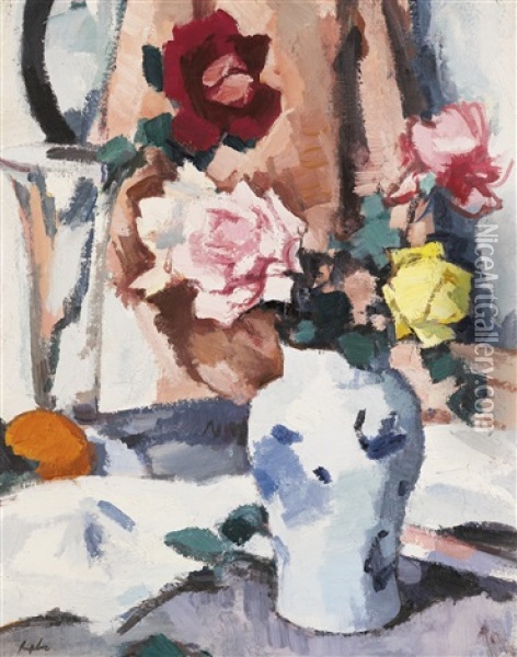 Red, Pink And Yellow Roses In A Blue Vase Oil Painting - Samuel John Peploe