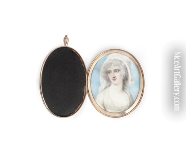 A Portrait Miniature Of A Lady Wearing A White Dress And Fichu Oil Painting - Richard Cosway