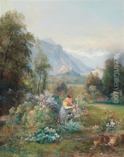 In The Flower Garden With View Of Schloss Tirol(?) Oil Painting - Emil Barbarini