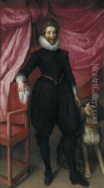 Portrait Of A Nobleman, In Black Doublet And Hose With A White Ruff, Holding A Lace Handkerchief In His Right Hand, His Hound At His Side Oil Painting - Frans Pourbus the younger