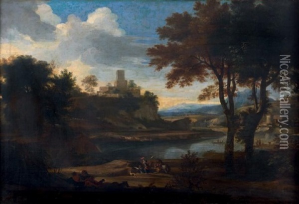 Personnages Et Cavaliers Pres D'un Chateau Fortifie Oil Painting - Jacob De Heusch