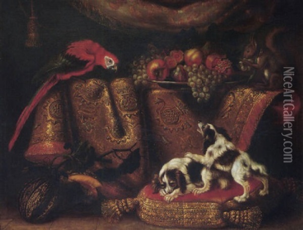 A Still Life Of Fruit On A Plate, Resting On A Table Draped With A Carpet, Two Spaniels On A Cushion, & A Red Squirrel & Perroquet Nearby Oil Painting - Reynaud Levieux
