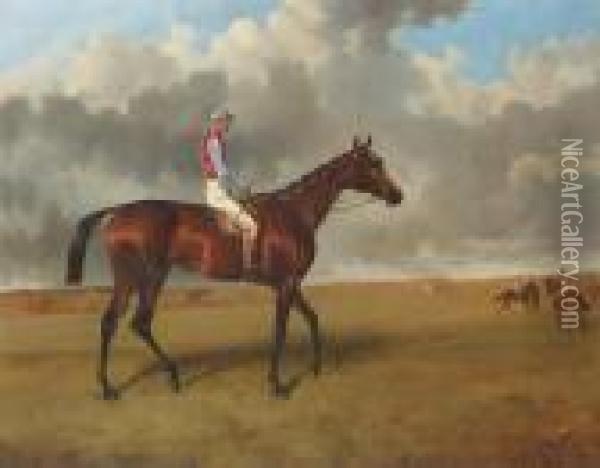 Miss Jummy, A Bay Racehorse With Jack Watts Up, At Newmarket Withother Racehorses Beyond Oil Painting - John Arnold Wheeler