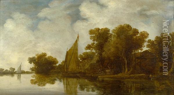 A Wooded River Landscape With Sailing Boats Oil Painting - Rafael Govertsz. Camphuysen
