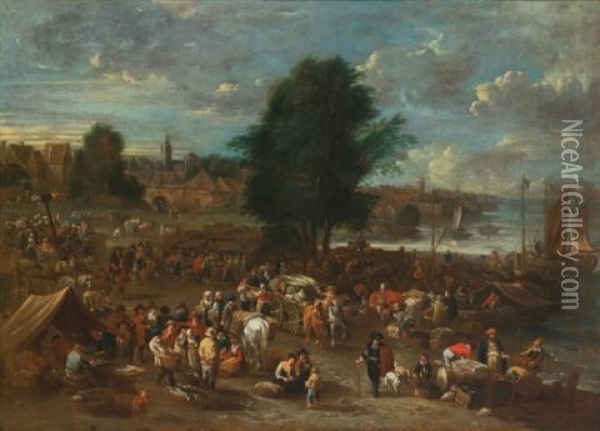 A Market Scene Along A River With Figures Selling Their Wares Oil Painting - Peter van Engelen