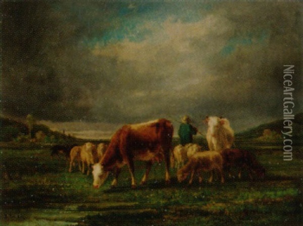 Hirte Mit Kuhen, Schafen Und Hund In Landschaft Oil Painting - Andres Cortes y Aguilar