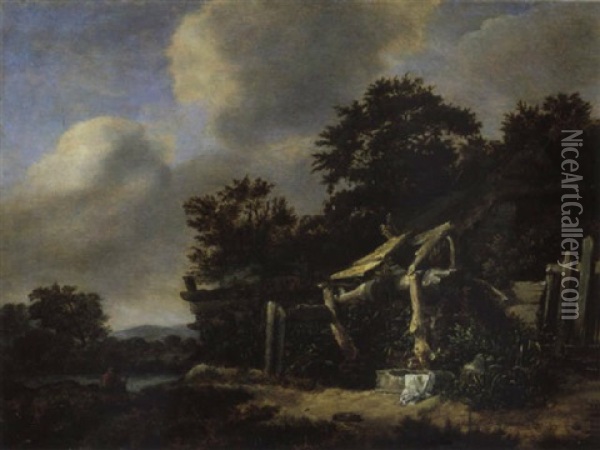 Haarlemer Landschaft Mit Bauernhaus Und Angler Oil Painting - Cornelis Gerritsz Decker