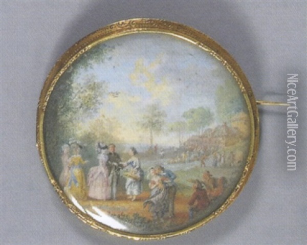 Assemblee De Personnages Dans Un Parc: Rencontres Amoureuses, Danses Populaires, Avec Fond De Riviere Et Hameau Boise Oil Painting - Louis Nicolas van Blarenberghe