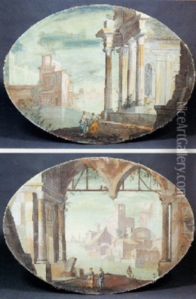 Paesaggio Fluvialo Con Rovine Architettonicha E Figure Oil Painting - Pietro Paltronieri