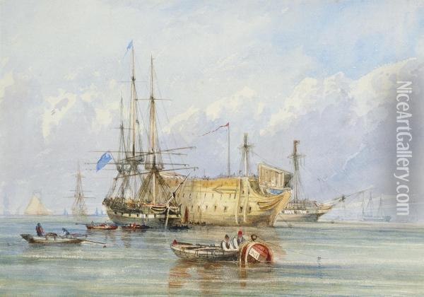 A Frigate Lying Alongside A Prison Hulk With Other Shipping Beyond Oil Painting - William Calcott Knell