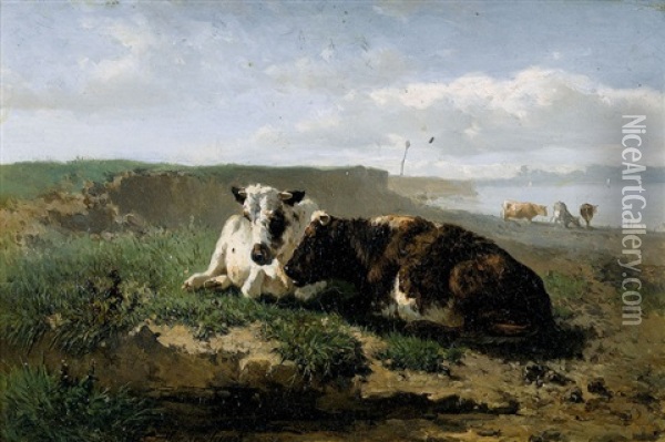 Sommerliche Weidelandschaften Mit Kuhen (pair) Oil Painting - Johannes Hubertus Leonardus de Haas