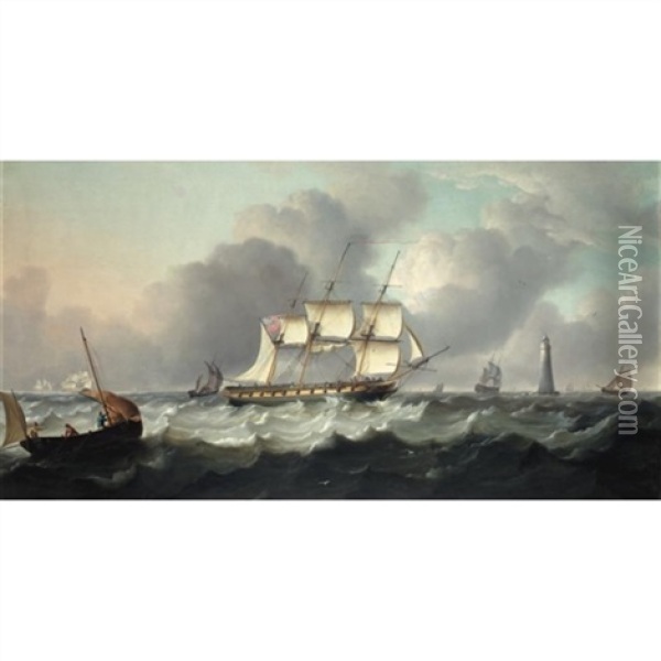 H.m.s. Enchantress Off The Eddystone Lighthouse Oil Painting - Charles Martin Powell