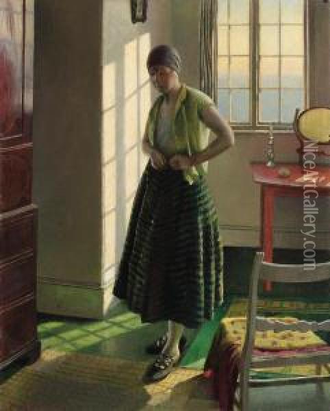 Gertrude In An Interior Oil Painting - Harvey Harold