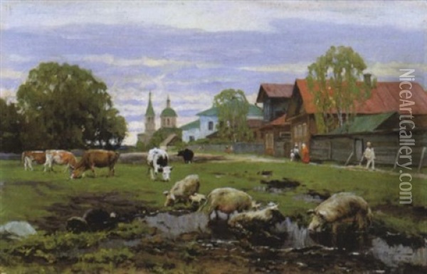 Dorpsgezicht Met Vee Oil Painting - Alexandr Vladimirovich Makovsky