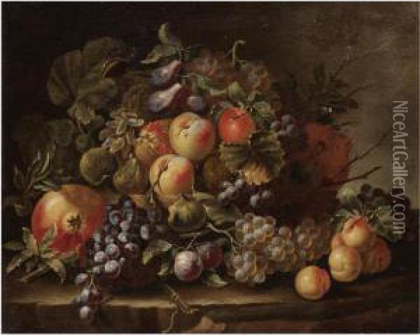 Still Life With Grapes, Apples, Plums, Peaches And Pomegranates On A Stone Ledge Oil Painting - Carlo Manieri