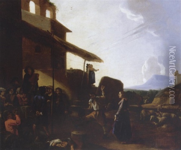 Roman Street Scene With Figures Dancing And Drinking Outside A Tavern Oil Painting - Michelangelo Cerquozzi