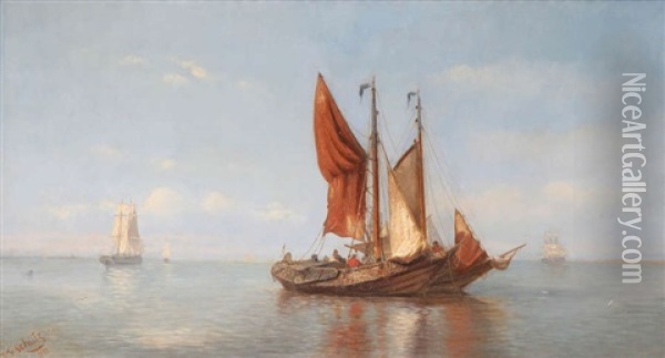 Marine Anime De Bateaux De Pecheurs, Des Trois-mats A L'arriere-plan Oil Painting - Johannes Frederick Schuetz