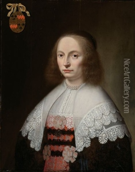 A Portrait Of A Lady Of The Beljaart Family, Half Length, Wearing A Black And Red Embroidered Dress With A White Lace Collar And Pearl Jewellery Oil Painting - Paulus Hennekyn