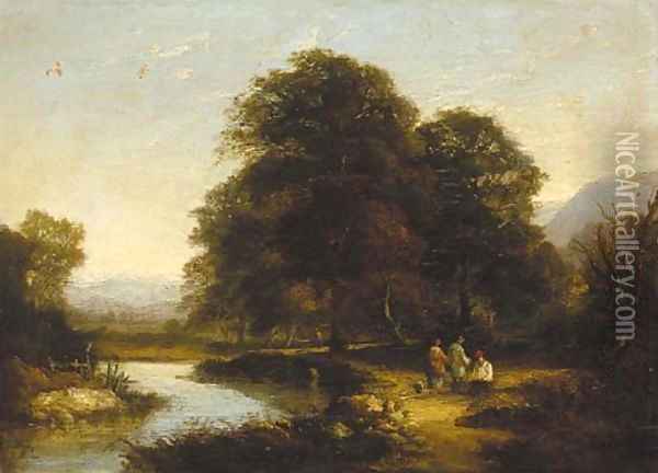 Figures by a river in a wooded landscape Oil Painting - William Traies