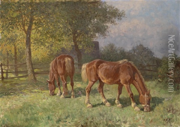 Pferde Auf Der Weide Oil Painting - Fritz Ritter von Venne