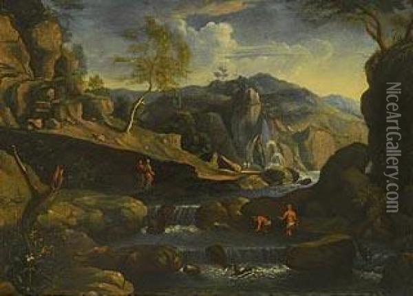 Par De Paisajes Rocosos Con Cascadas Y Banistas Oil Painting - Cornelis Van Poelenburch