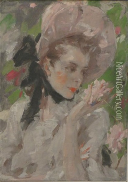 Jeune Femme Au Chapeau Aux Roses Oil Painting - Jacques Fernand Gonin