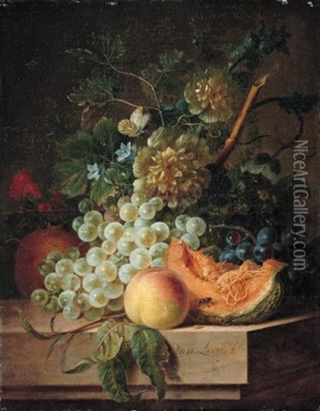 Still Life Of Grapes, Peaches, Melon, Flowers And Vines Arranged Upon A Tabletop, Together With A Cabbage, White Butterfly And A Fly Oil Painting - Willem van Leen