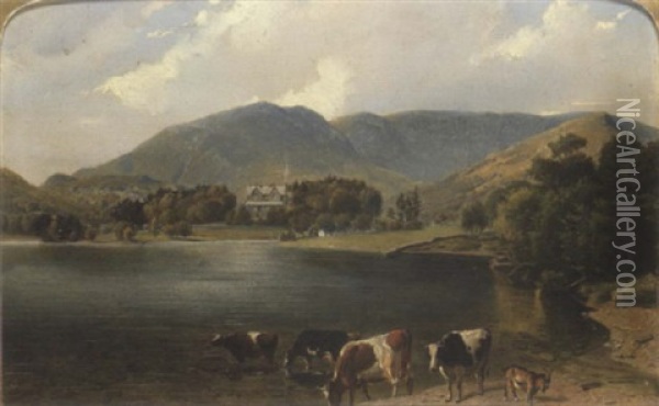 Cattle Beside A Lake With A Country House Beyond Oil Painting - Friedrich Wilhelm Keyl