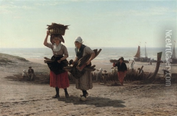 Slooping Van Een Oud Schip: Gathering Lumber From The Grounded Hulk Oil Painting - Philip Lodewijk Jacob Frederik Sadee