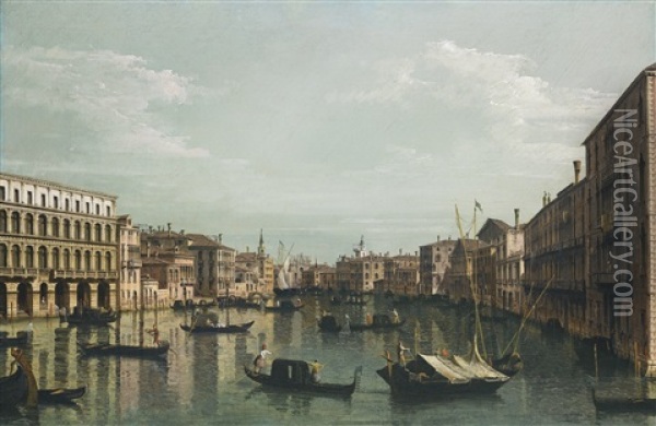 Venice, A View Of The Grand Canal Looking South From The Palazzo Foscari And Palazzo Moro-lin Towards The Church Of Santa Maria Della Carita, With Numerous Gondolas And Barges Oil Painting - Bernardo Bellotto