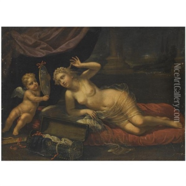 Venus At Her Toilet Accompanied By Cupid Oil Painting - Benedetto Gennari the Younger