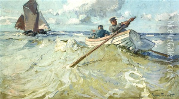 Fischerboot Und Segelboot In Der Brandung Oil Painting - Poppe Folkerts