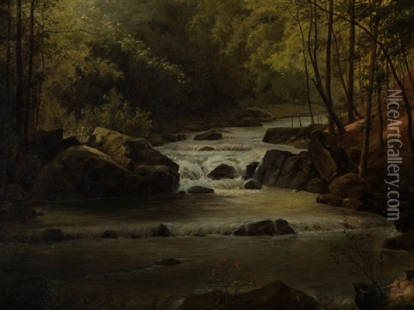 Forest Landscape With River Oil Painting - Joseph Langl