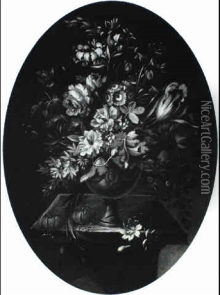 Peonies And Other Flowers In An Urn On A Plynth Oil Painting - Pieter Hardime