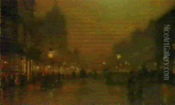 A Street At Night Oil Painting - John Atkinson Grimshaw