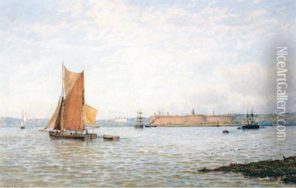 Hay Barges Close To Shore Oil Painting - George Stanfield Walters
