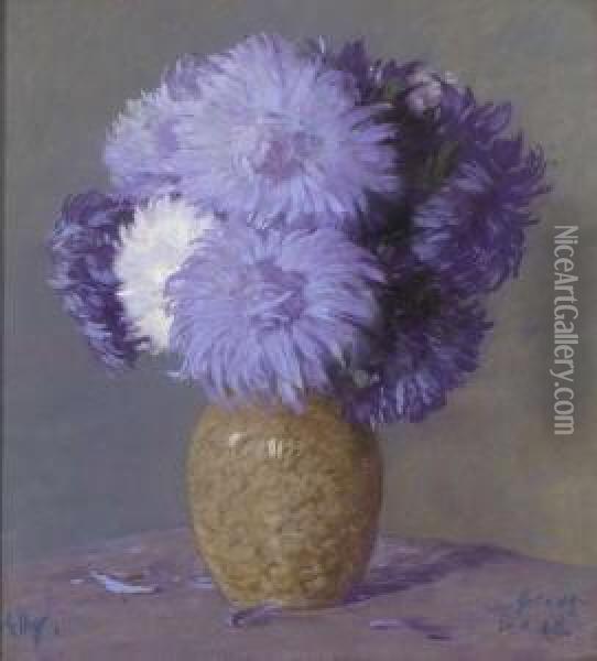 Dahlien In Keramikvase. Oil Painting - Albert Stagura