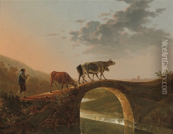 A River Landscape With A Drover And His Cattle Crossing A Bridge Oil Painting - Aelbert Cuyp