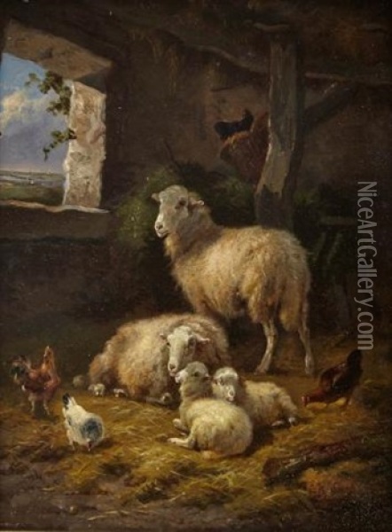 Animals In A Stable Oil Painting - Eugene Remy Maes