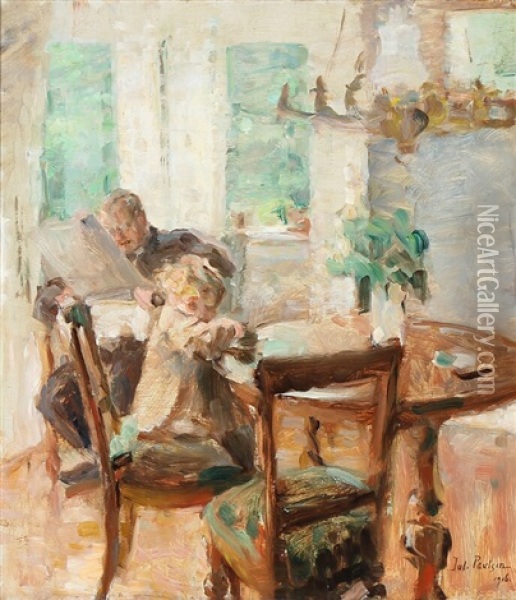 The Child Is Playing, While Father Is Reading The Newspaper Oil Painting - Julius Paulsen