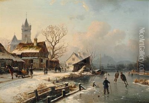 Winter Day Near The Village Church With Ice-skaters On A Frozen River Oil Painting - Johannes Bartholomaeus Duntze