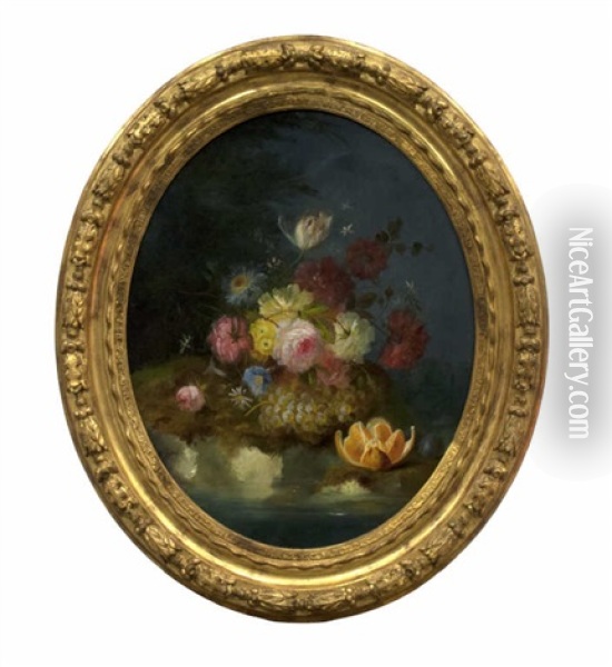 Fleurs, Pasteque, Fruits Et Raisins Sur Un Muret De Pierre (+ Jetee De Roses Et De Fleurs, Raisins Et Oranges, Sur Fond De Paysage; 2 Works) Oil Painting - Jules Edouard Diart