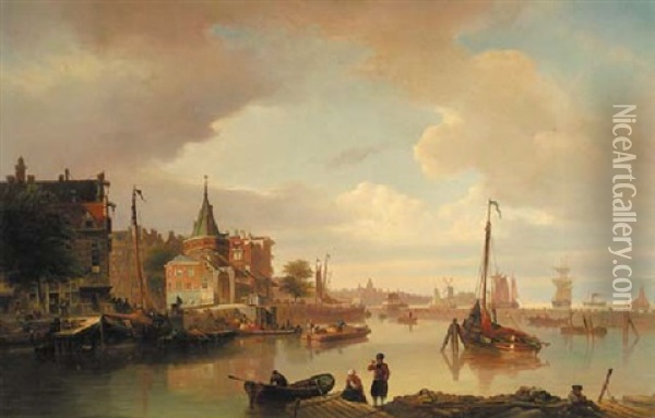 A View Of The Schreierstoren With Figures On The Oosterdokskade And The Zeedijk And The Ij In The Distance, Amsterdam Oil Painting - Elias Pieter van Bommel