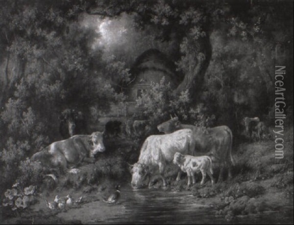 Kuhe Und Enten An Einem Kleinen Wasser Im Wald Oil Painting - Louis (Ludwig) Reinhardt
